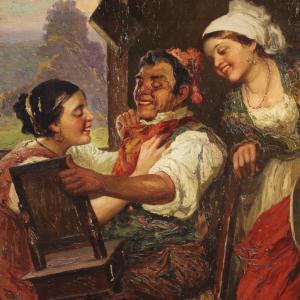 Antiga pintura de cena de interior do século XIX